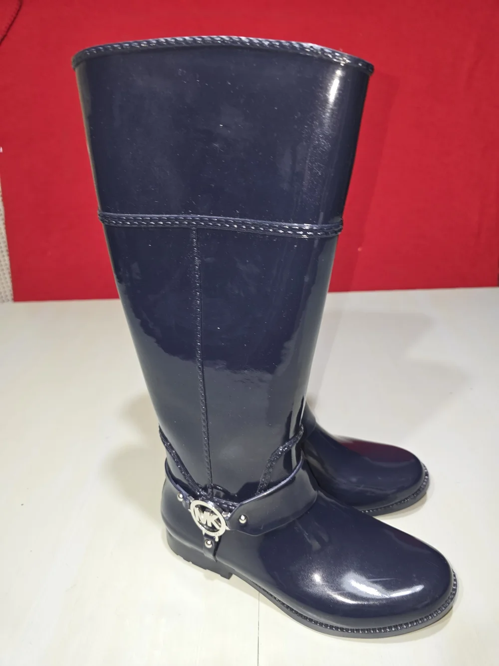 Michael Kors Fulton Harness Tall Navy Rain Boots MK Logo Women's Knee High